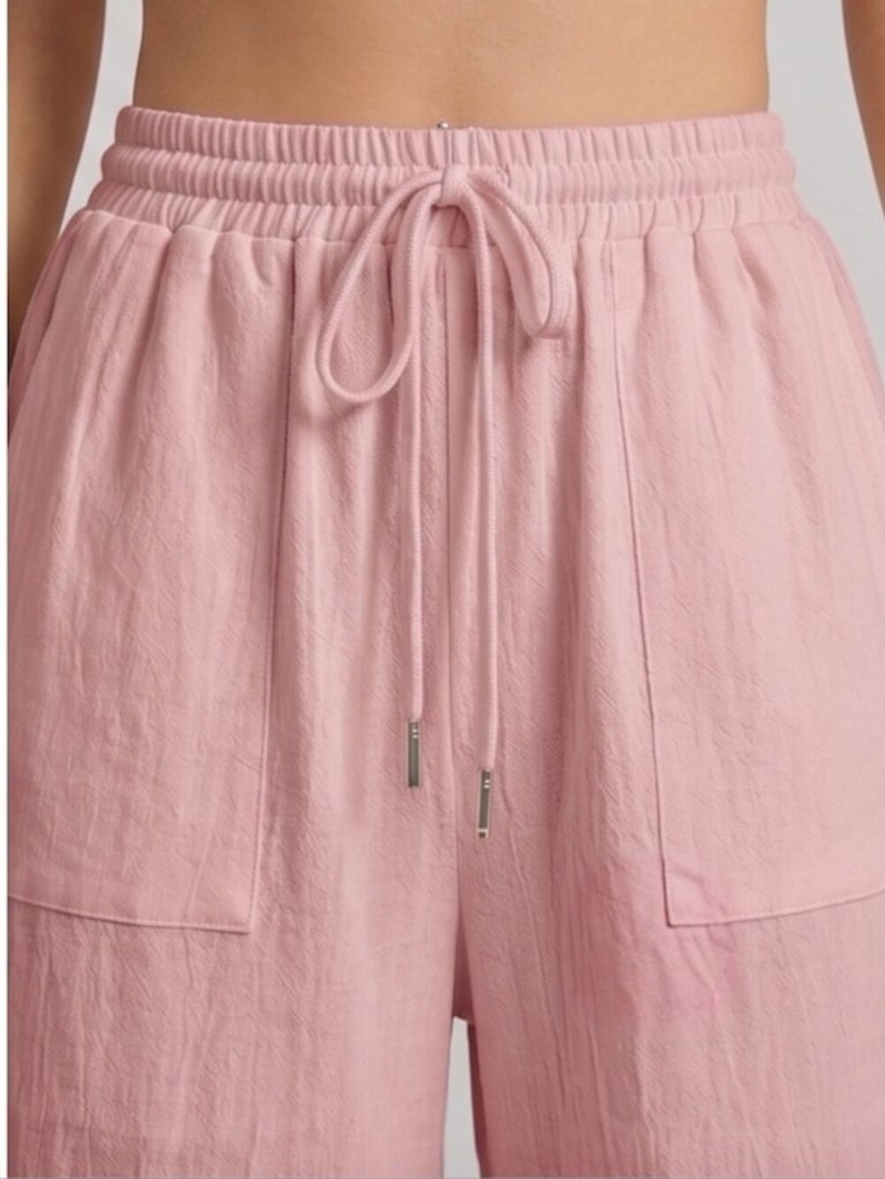 100% Cotton Drawstring Waist Wide Leg Pants Pink - Picture 3 of 5